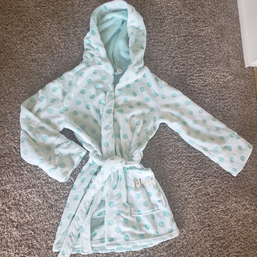 *DONATING SOON* PINK VS Cozy Light Blue Polka Dot Hooded Robe